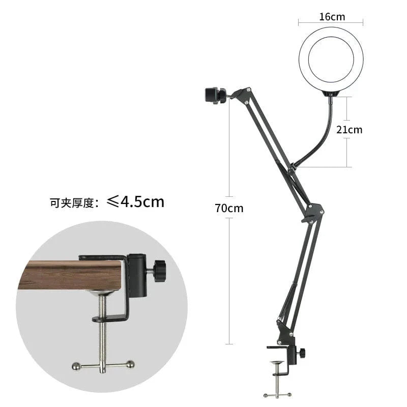 Showlu Fashion LS overhead tripod with ring light, desktop phone mount for video recording and filming, aluminum design.