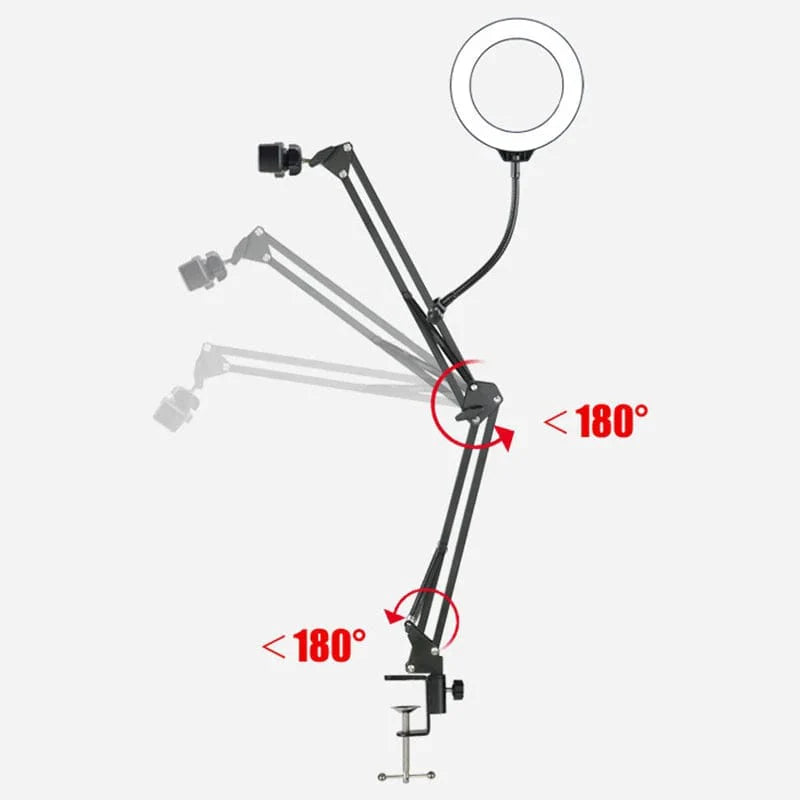 Overhead tripod with ring light and phone mount for desktop video recording and filming, aluminum construction for stability.