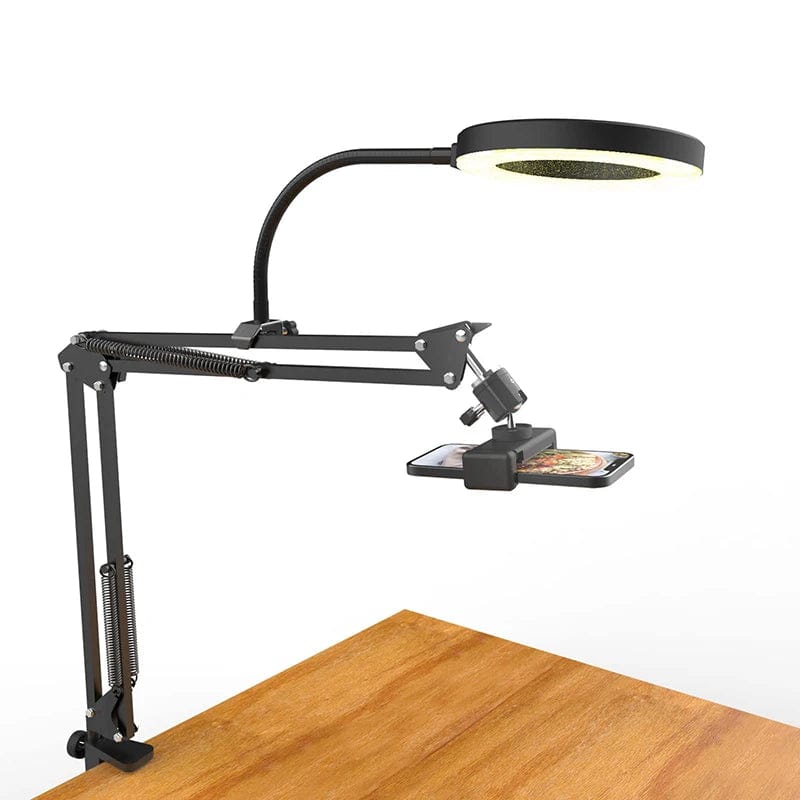 Showlu Fashion LS overhead tripod with ring light and phone mount for desktop video recording and filming.