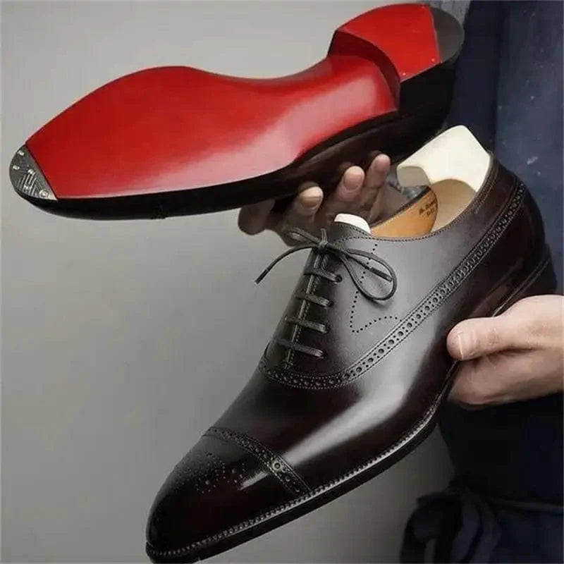 Men's red sole brogue Oxford shoes by SHOWLU FASHION STORE featuring lace-up design, carved detailing, perfect for business or casual wear.