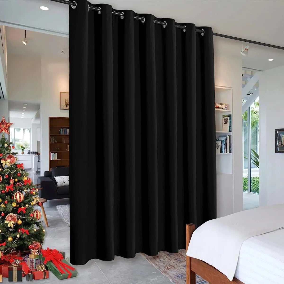 Showlu Fashion blackout room divider curtain with noise-reducing grommet top, black fabric, ideal for living rooms and privacy.