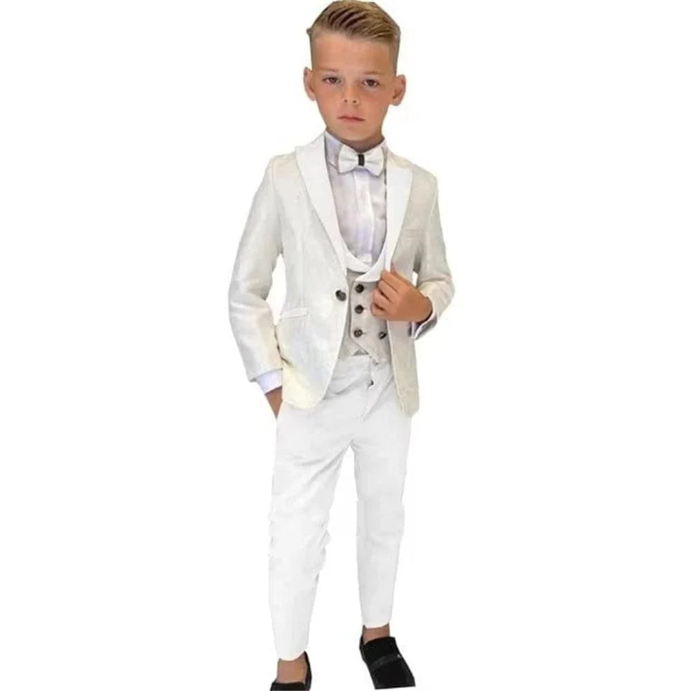 Showlu Boys 3-Piece Paisley Suit with blazer, vest, and pants, stylish formal tuxedo set for kids' parties and special occasions.