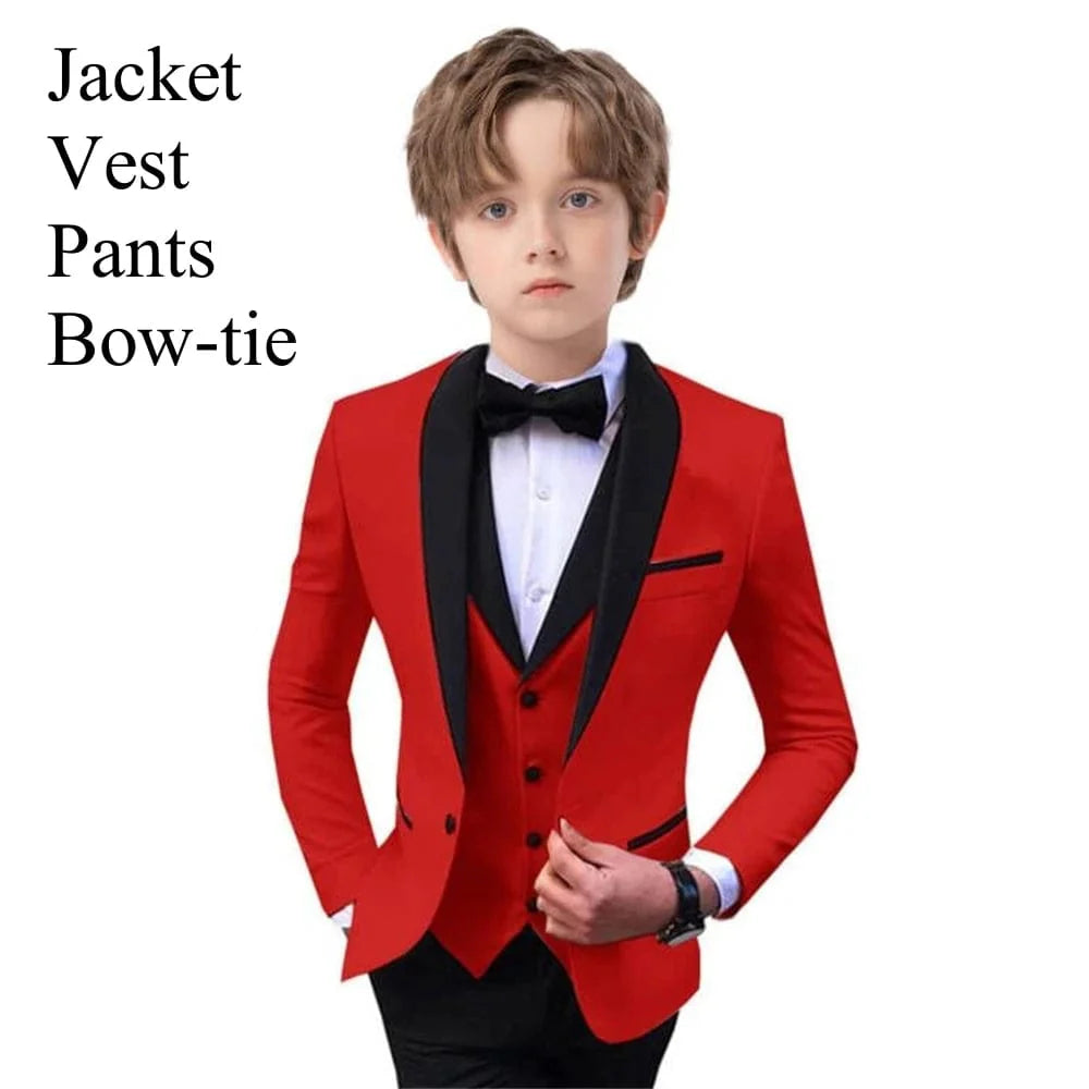Showlu Boys 3-Piece Paisley Suit featuring a slim fit tuxedo blazer, vest, and pants, perfect for formal events and parties.