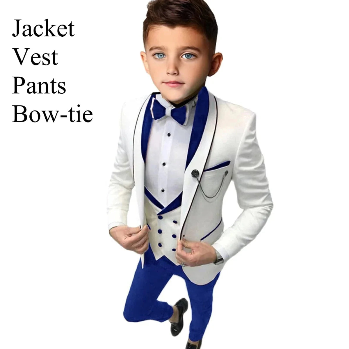 Showlu Boys 3-Piece Paisley Suit with blazer, vest, and pants, perfect for formal occasions and stylish kids' tuxedo outfits.