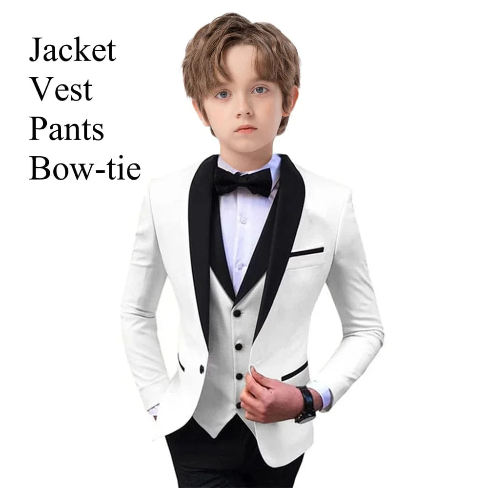 Showlu Boys 3-Piece Paisley Suit with blazer, vest, and pants in slim fit, stylish formal tuxedo for boys' parties and events.