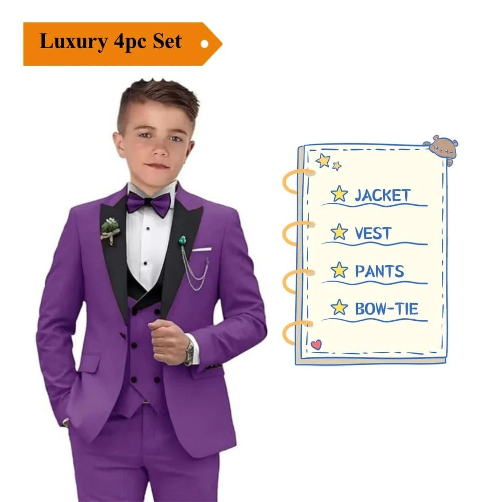 Showlu Boys 3-Piece Paisley Suit featuring a slim fit tuxedo blazer, vest, and pants, ideal for formal occasions and parties.