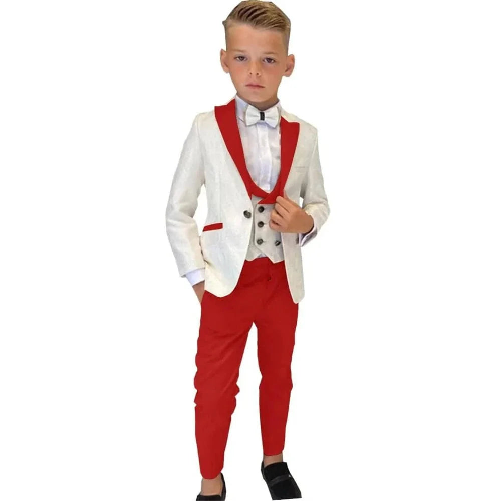 Showlu Boys 3-Piece Paisley Suit with slim fit tuxedo blazer, vest, and pants, stylish formal outfit for kids' parties and events.