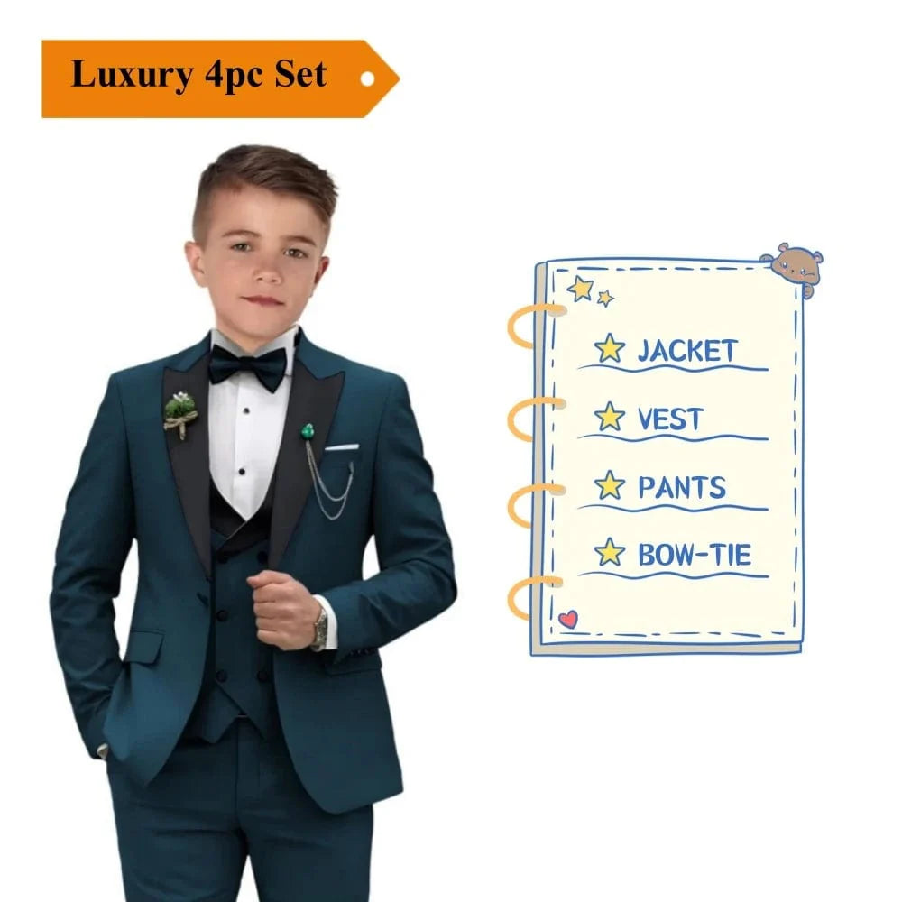 Showlu Boys 3-Piece Paisley Suit featuring a blazer, vest, and pants, perfect for formal occasions and stylish kids' tuxedo outfits