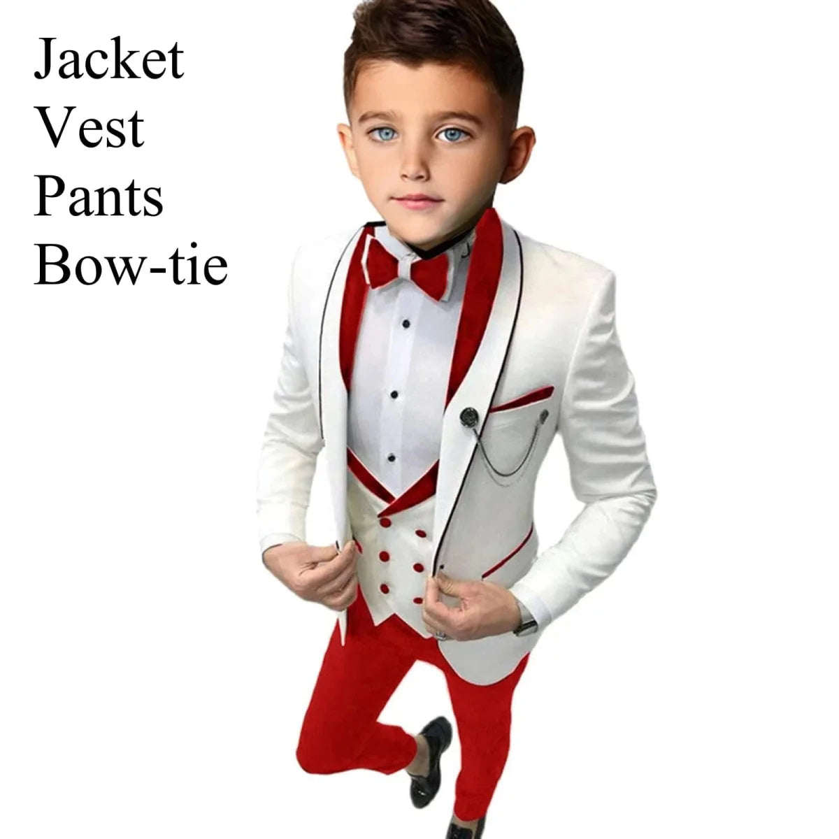 Showlu Boys 3-Piece Paisley Suit with slim fit tuxedo blazer, vest, and pants, perfect for formal occasions and parties.