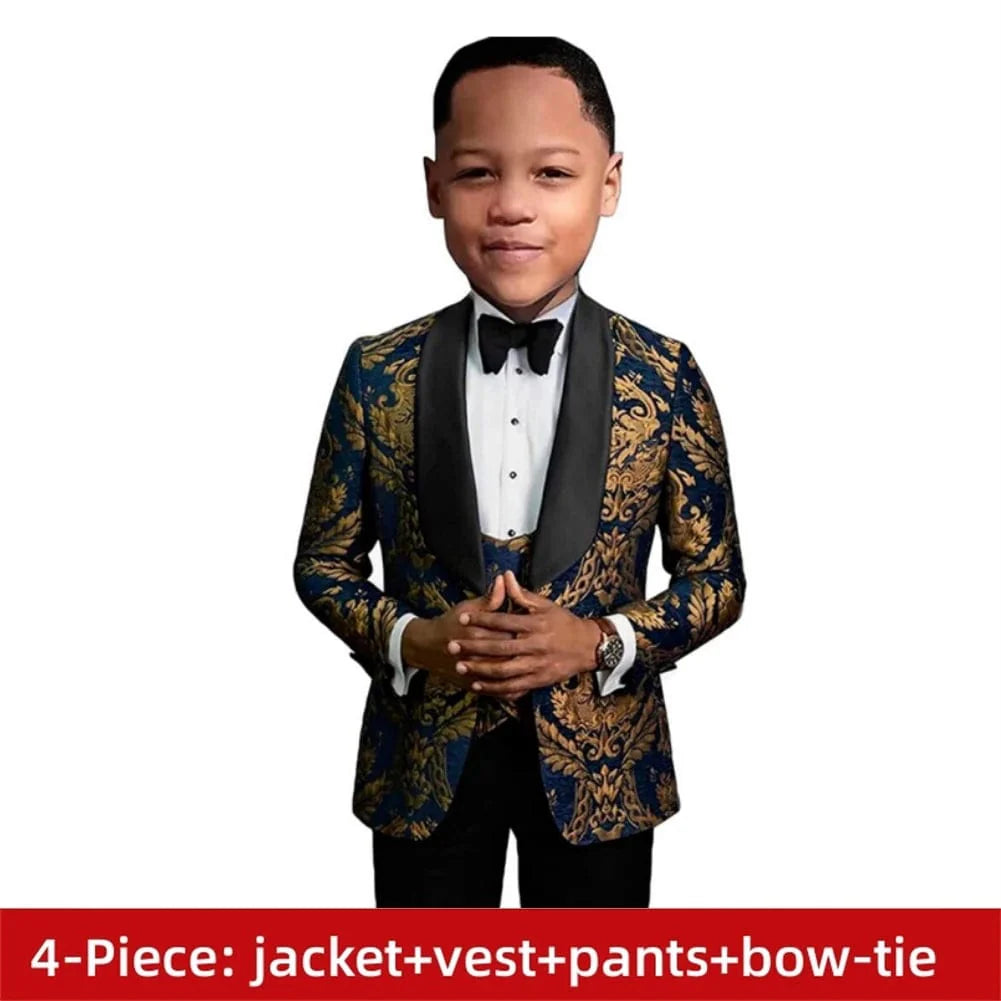 Showlu Boys 3-Piece Paisley Suit with slim fit tuxedo blazer, vest, and pants, perfect for formal occasions and parties.