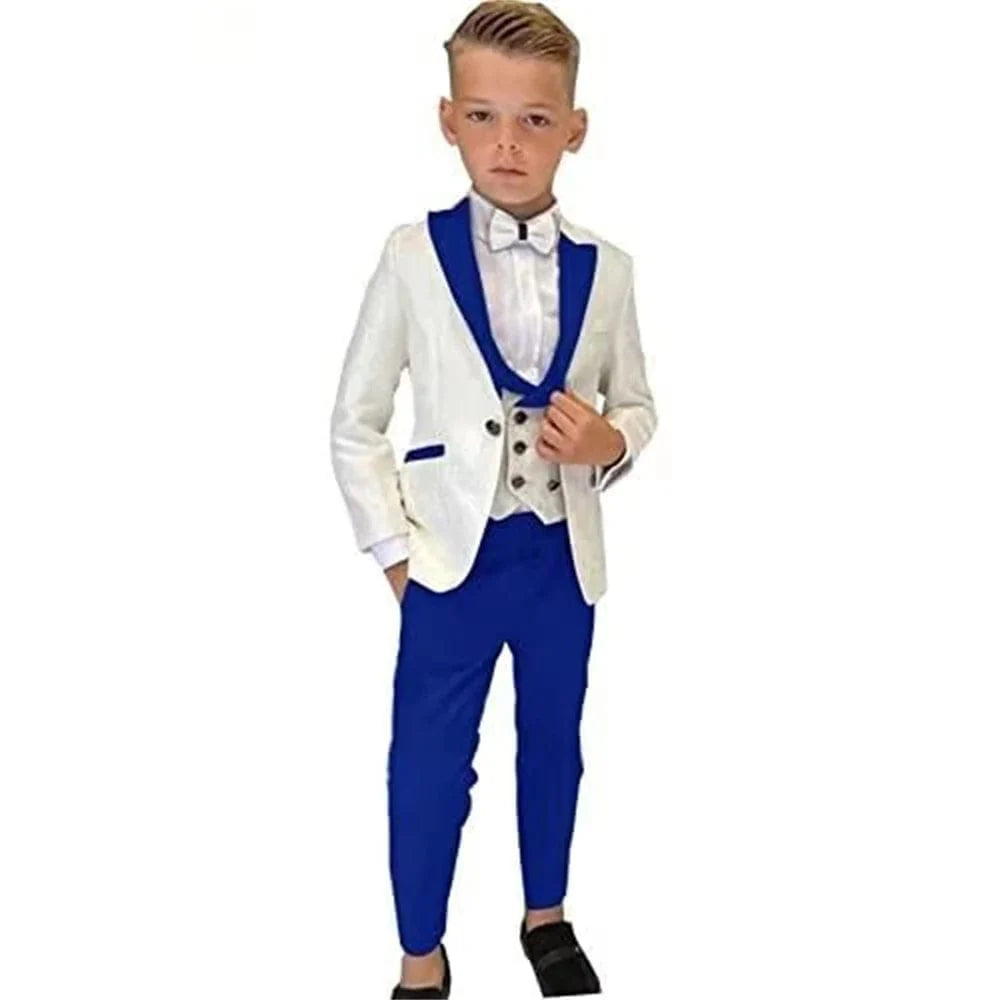 Showlu Boys 3-Piece Paisley Suit with slim fit tuxedo blazer, vest, and pants, perfect for formal occasions and parties.