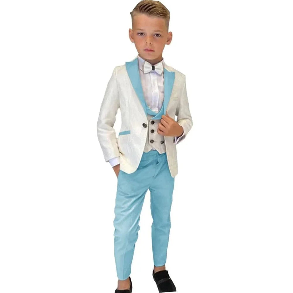 Showlu Boys 3-Piece Paisley Suit with slim-fit blazer, vest, and pants, stylish formal tuxedo for boys, suitable for parties.