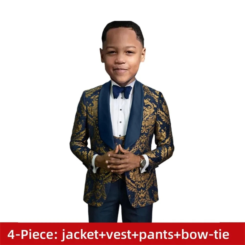 Showlu Boys 3-Piece Paisley Suit with slim fit tuxedo blazer, vest, and pants for boys, stylish formal party outfit.