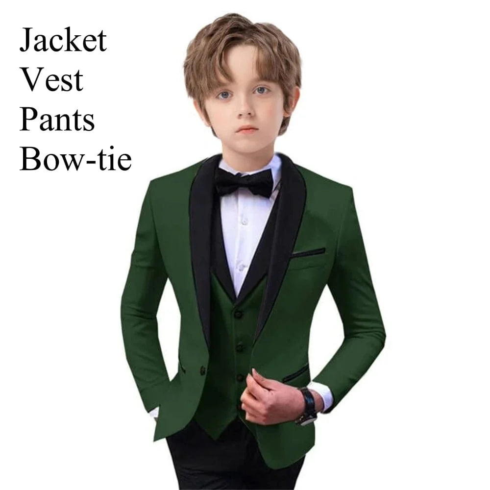 Showlu Boys 3-piece paisley suit with slim fit tuxedo blazer, vest, and pants, perfect for formal occasions and parties.