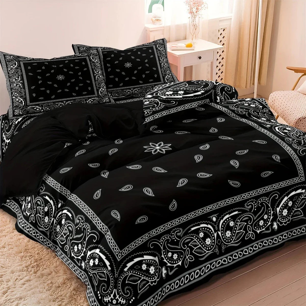 Black paisley mandala duvet cover set by SHOWLU FASHION STORE, bohemian microfiber bedding with matching pillowcases for queen or king size beds.