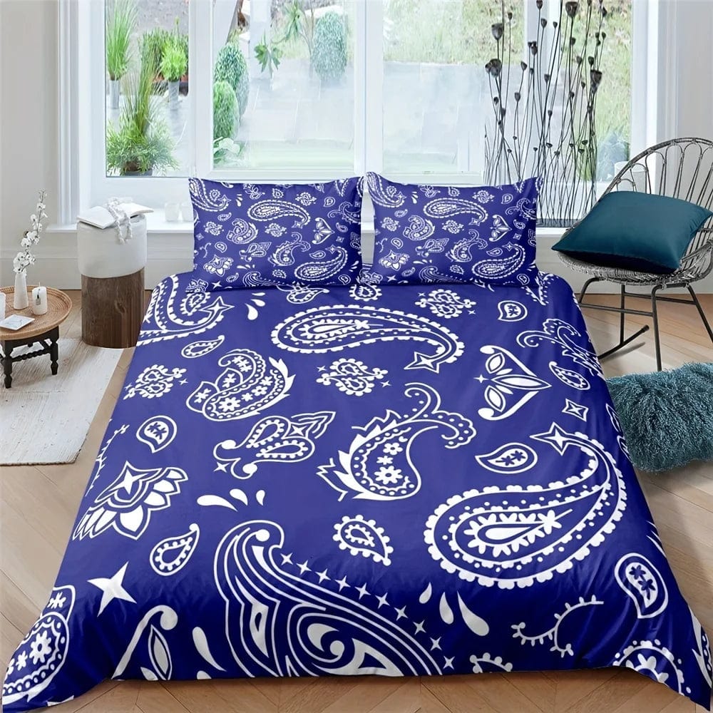 Black paisley mandala duvet cover set with bohemian style microfiber bedding and matching pillowcases for queen or king size bedroom.