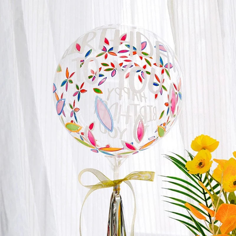 Showlu Fashion cartoon birthday bounce ball in transparent party balloon with printed colorful fonts and heart designs for celebration.