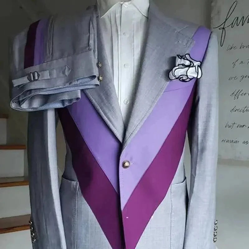 Men's patchwork double-breasted wedding tuxedo suit by SHOWLU FASHION with matching blazer and pants, stylish tropical design for formal events.