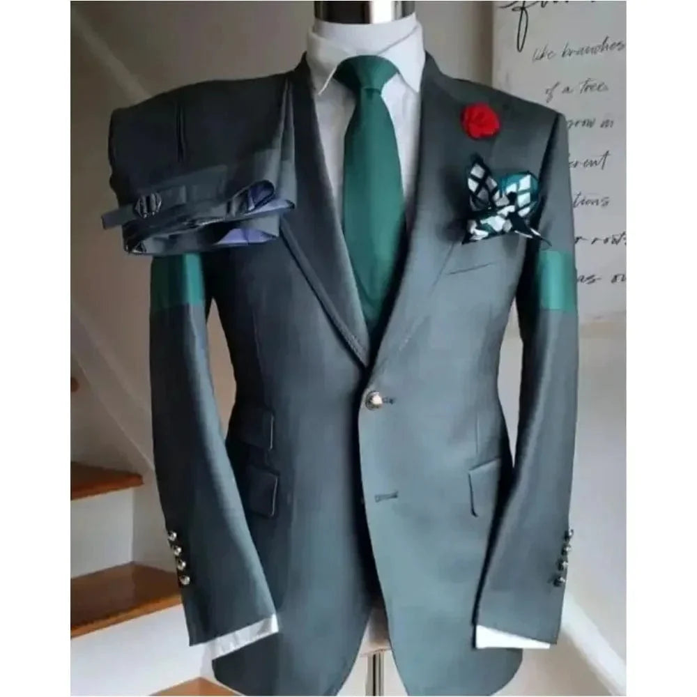 Men's patchwork double-breasted wedding tuxedo suit with matching blazer and trousers, stylish tropical design for formal occasions.