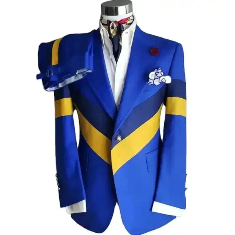 Men's patchwork double-breasted wedding tuxedo suit with matching blazer, stylish tropical design, perfect for grooms and formal events.