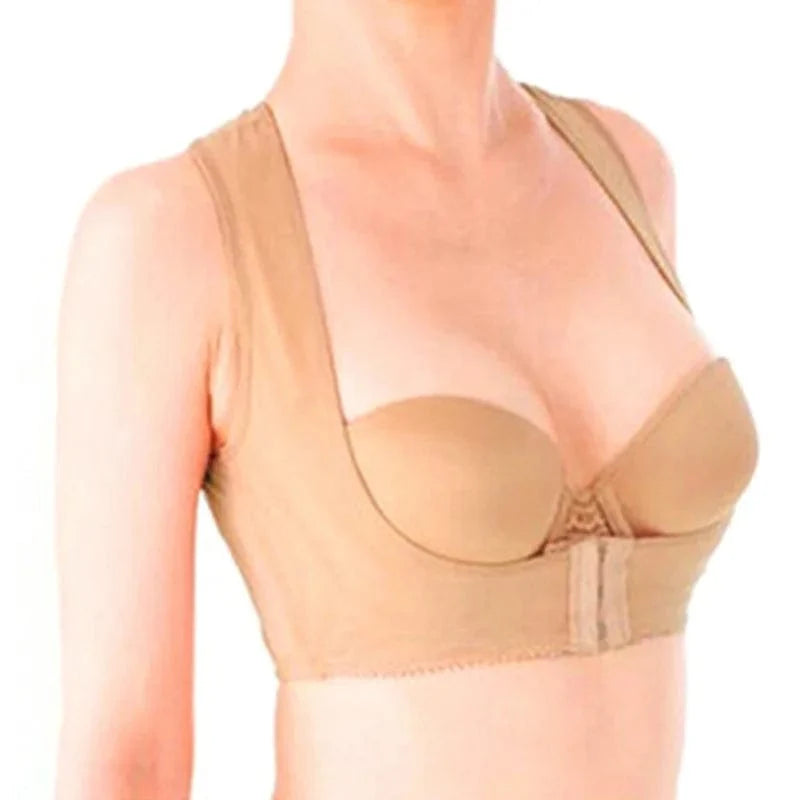 Showlu Women's back posture corrector brace, breathable design for hunchback relief and improved posture, shown on a woman.