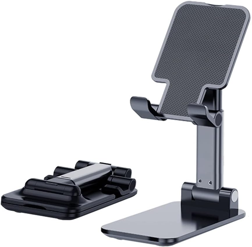 Showlu MT-6 foldable and height-adjustable cell phone stand for desk, with silicone mat, compatible with devices under 8 inches.