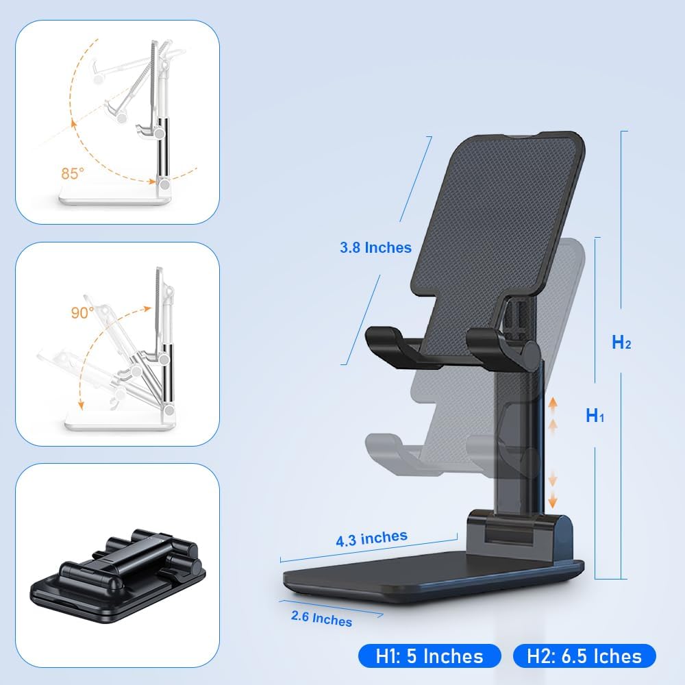 Showlu MT-6 foldable, height-adjustable cell phone stand with silicone mat for desk, compatible with smartphones under 8 inches.