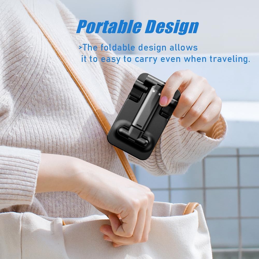 Foldable Showlu MT-6 cell phone stand with adjustable height, silicone mat, and universal compatibility for desks and smartphones.