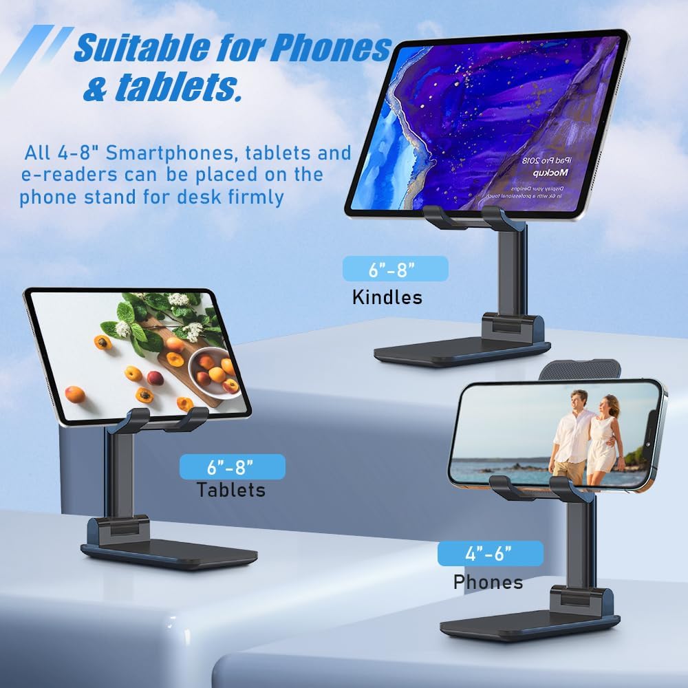 Showlu MT-6 foldable and height-adjustable cell phone stand on a desk with silicone mat, compatible with phones under 8 inches.