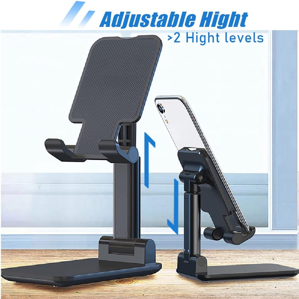 Showlu MT-6 foldable and height-adjustable cell phone stand with silicone mat, suitable for desk and universal smartphones.