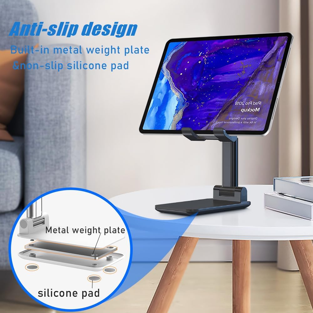 Showlu MT-6 foldable and height-adjustable cell phone stand on a desk with silicone mat, compatible with devices under 8 inches.