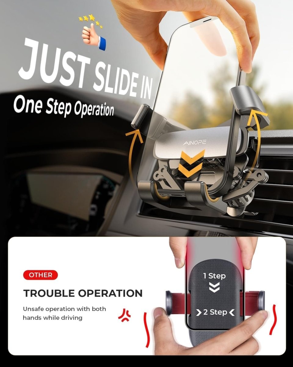 Showlu Gravity Car Phone Mount with upgraded vent clip, holding iPhone 15 Pro Max securely on air vents for hands-free use.