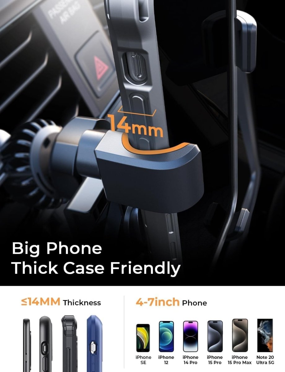 Showlu Gravity Car Phone Mount with upgraded vent clip, fits iPhone 15 Pro Max, hands-free holder for car air vents.