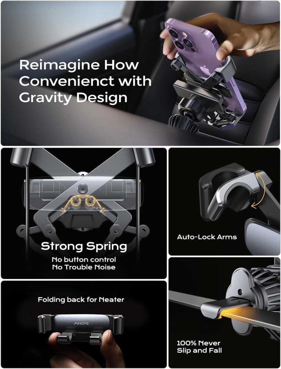 Showlu Gravity Car Phone Mount with upgraded hook clip for air vents, holds iPhone 15 Pro Max securely in a car vent.