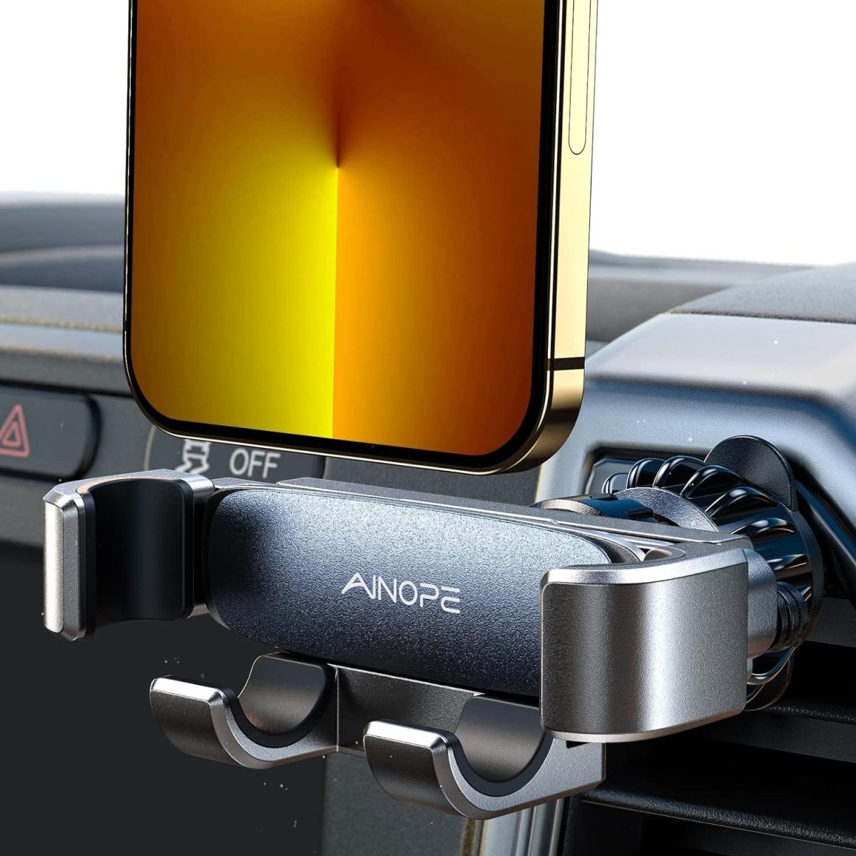 Showlu Gravity Car Phone Mount with upgraded hook clip, fits air vents and iPhone 15 Pro Max, hands-free car holder for smartphones.