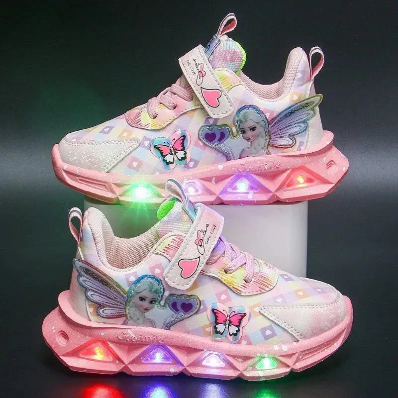 Pink Elsa Princess LED sneakers for kids with cartoon design, leather construction, and light-up features for spring and autumn wear.