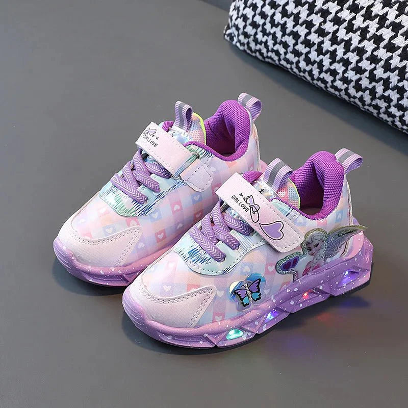 Pink Elsa Princess LED sneakers for girls, leather kids' sports shoes with cartoon design and light-up feature for spring and autumn.