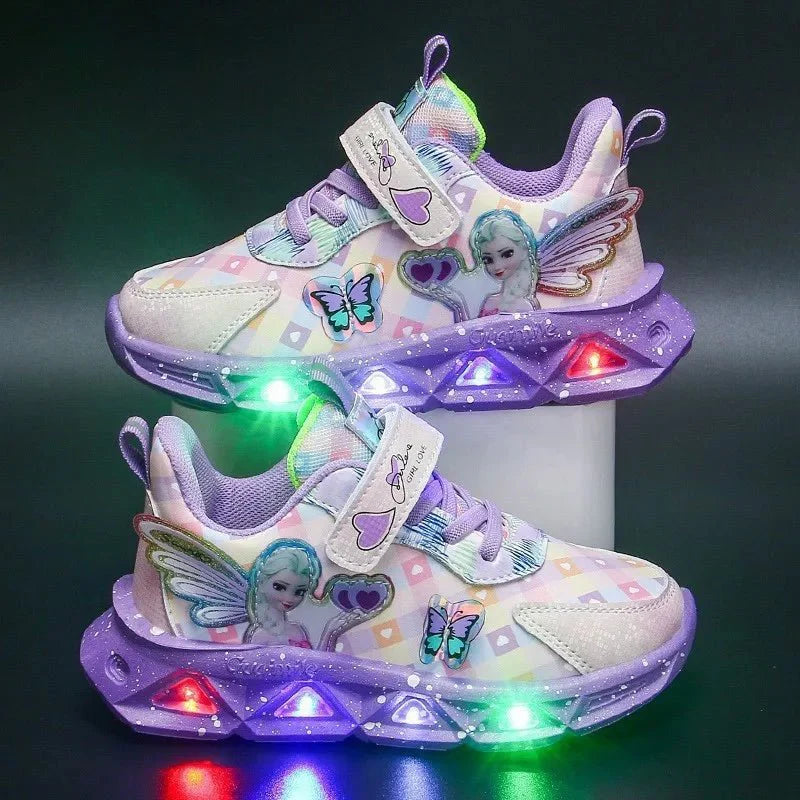 Pink Elsa Princess LED sneakers for girls, leather sports shoes with cartoon Elsa design and light-up features for children.