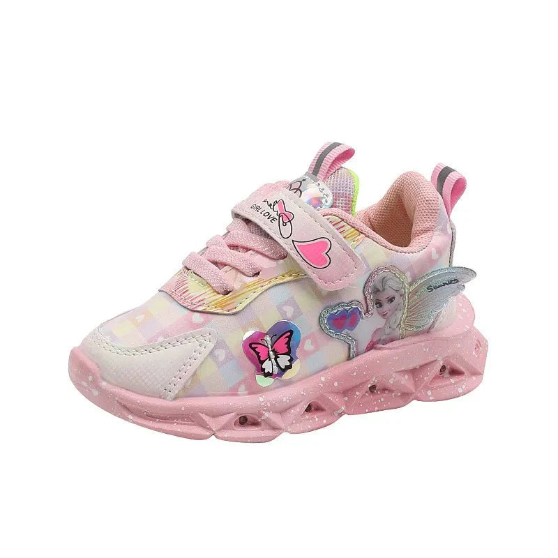 Pink Elsa Princess LED sneakers for kids, leather sports shoes with cartoon design, perfect for spring and autumn wear.