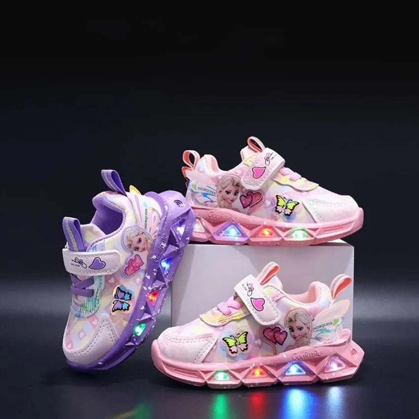 Pink Elsa Princess LED sneakers for kids, leather sports shoes featuring cartoon design and light-up features for girls.