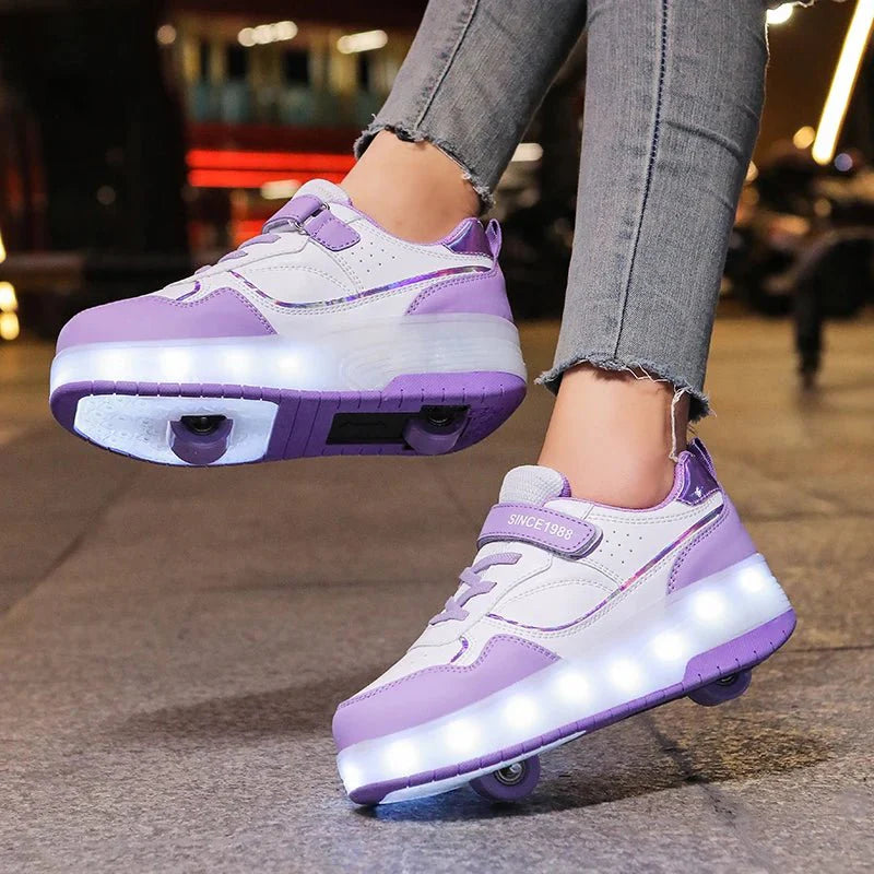 Pink LED light roller skate shoes for kids by Showlu Fashion, featuring PU leather sneakers with two wheels and colorful light accents.