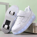 Pink LED light roller skate shoes for kids by Showlu Fashion, featuring PU leather sneakers with two wheels for boys and girls.