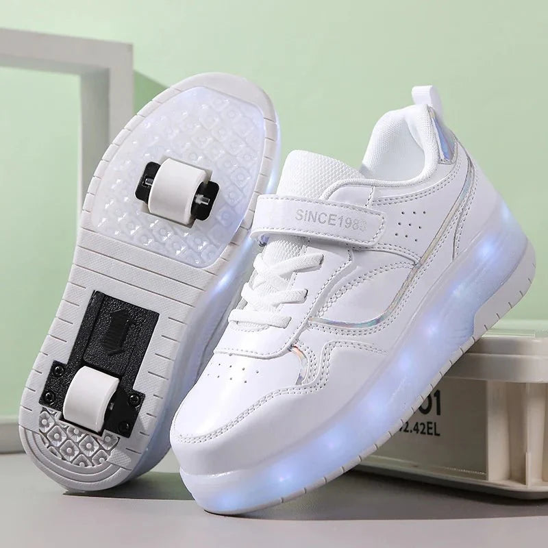 Pink LED light roller skate shoes for kids by Showlu Fashion, featuring PU leather sneakers with two wheels for boys and girls.