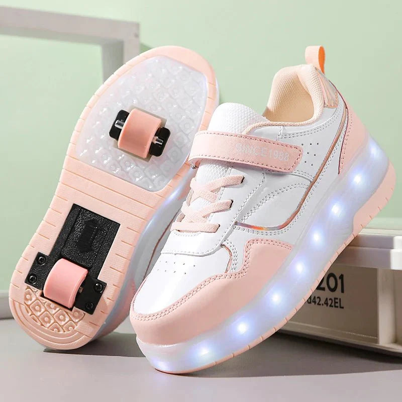 Pink LED light roller skate shoes for kids by Showlu Fashion, featuring pink PU leather sneakers with built-in wheels for children.
