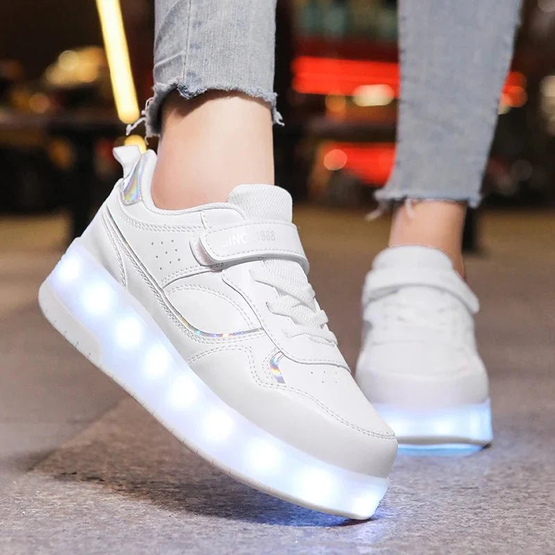 Pink LED light roller skate shoes for kids by Showlu Fashion, featuring pink PU leather and built-in wheels for fun skating.