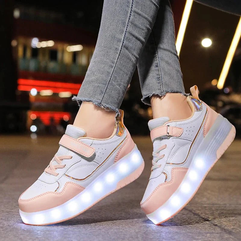 Pink LED light roller skate shoes for kids with wheels, pink PU leather sneakers by Showlu Fashion for boys and girls.