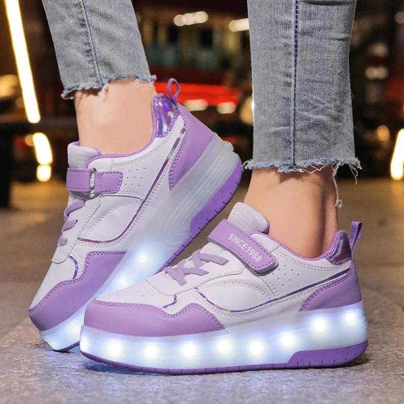 Pink LED light roller skate shoes for kids by Showlu Fashion, pink PU leather sneakers with two wheels for children.