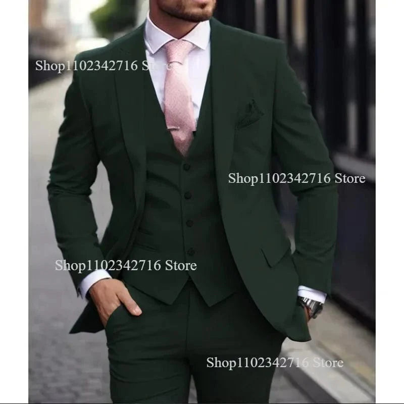 Pink men's 3-piece slim fit wedding suit with jacket, vest, and pants by Showlu Fashion Store, suitable for groom and formal occasions.