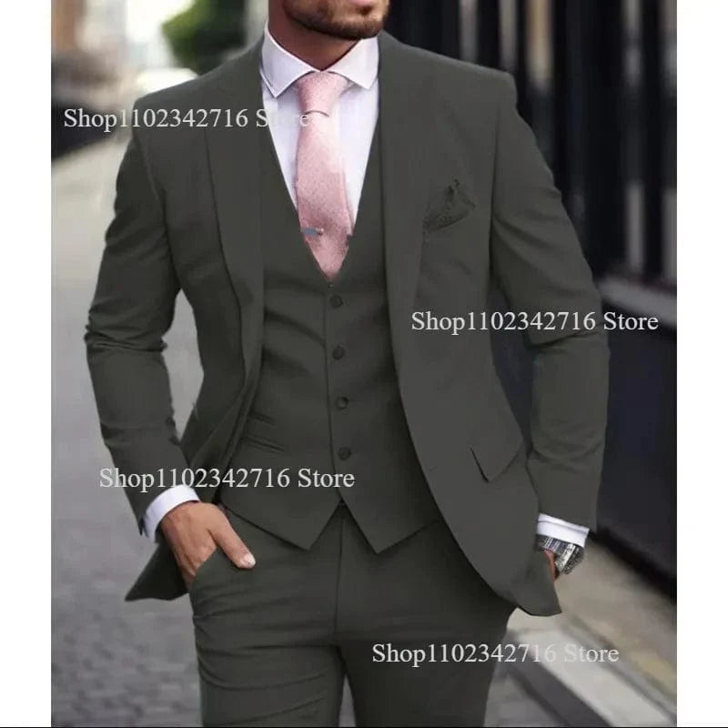 Pink Showlu Fashion 3-piece slim fit men's suit with jacket, pants, and vest, ideal for groom wedding or formal occasions.