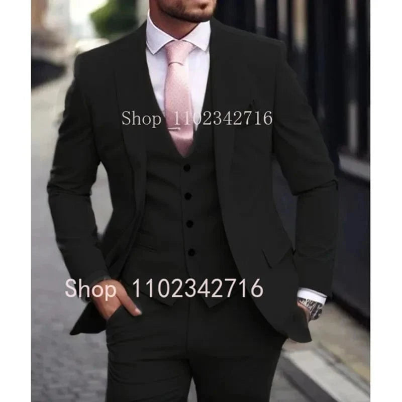 Pink slim fit men's suit by Showlu Fashion, 3-piece tuxedo with jacket, vest, and pants for groom or formal occasion.